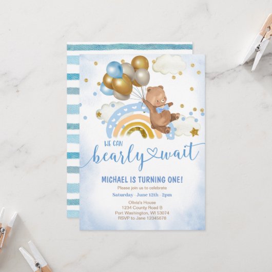 ブルー&金ゴールド・バルーン・テディベアの誕生パーティー  招待状 (正面/裏面インサイチュ)