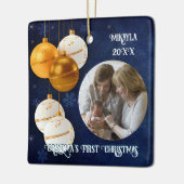 ブルー、金ゴールド&ホワイトグランドマス初めてのクリスマス セラミックオーナメント (左)