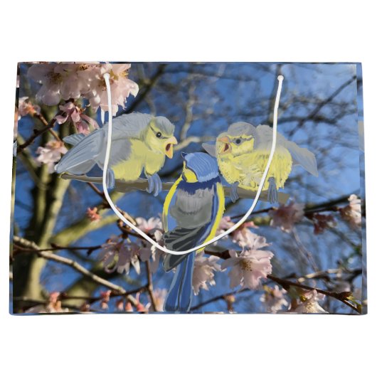 ブルー《鳥》アメリカゴガラ母とベビーイースター ラージペーパーバッグ (正面)