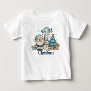 ブルー 1歳のクリスマス サンタ スノーマン クリスマス ベイビー ボーイ ベビーTシャツ