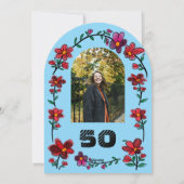 ブルー 50歳の誕生日パーティー 奇妙な落書きの花 招待状 (裏面)