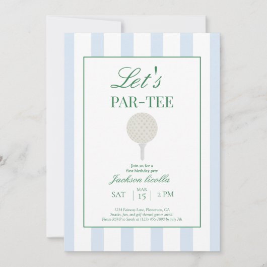 ブルー Let's Par-Tee ゴルフ おしゃれな1歳の誕生日 招待状 (正面)