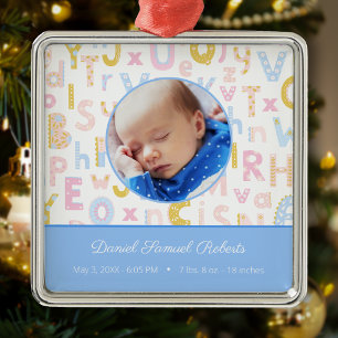 ブルーABC誕生統計男の赤ちゃん写真クリスマス メタルオーナメント