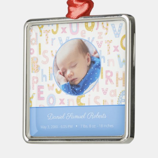 ブルーABC誕生統計男の赤ちゃん写真クリスマス メタルオーナメント (左)