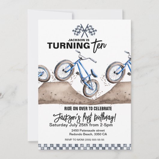 ブルーBMXレーシングバイク誕生日の招待ボーイ 招待状 (正面)