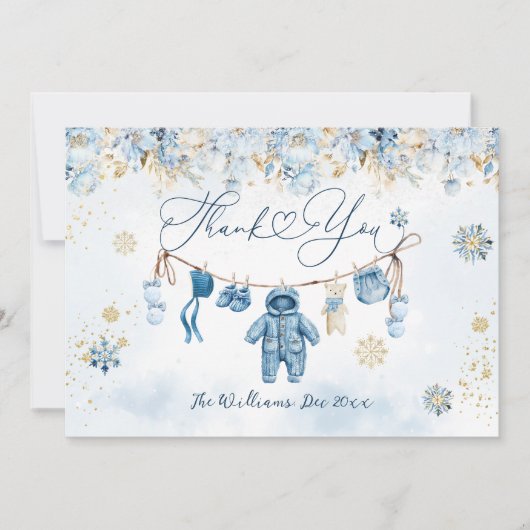 ブルーClosetlineコールドアウトサイド男の赤ちゃんシャワー サンキューカード (正面)
