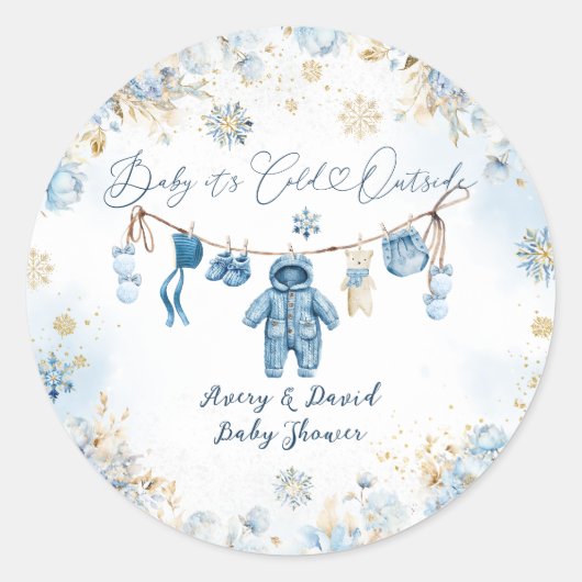 ブルーClosetlineコールドアウトサイド男の赤ちゃんシャワー ラウンドシール (正面)