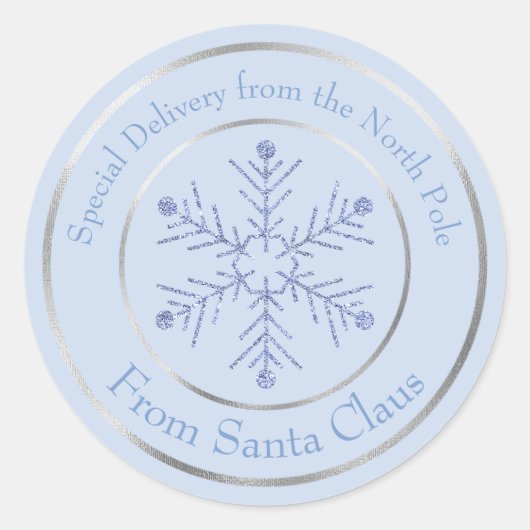 ブルーfromサンタクロースグリッタースノーフレーク ラウンドシール (正面)