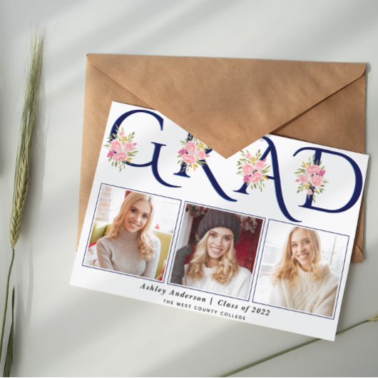 ブルーGRADタイポグラフィピンクのバラ写真卒業 案内状