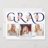 ブルーGRADタイポグラフィピンクのバラ写真卒業 案内状 (正面)