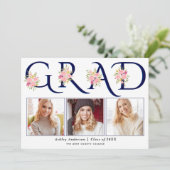 ブルーGRADタイポグラフィピンクのバラ写真卒業 案内状 (スタンド正面)