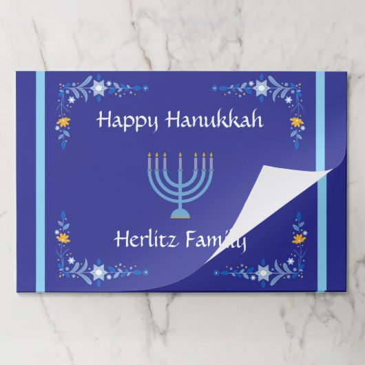 ブルーHANUKKAH（ユダヤ教）メノラーカスタマイズNAME紙ランチョンマット ペーパーパッド (折り畳み)