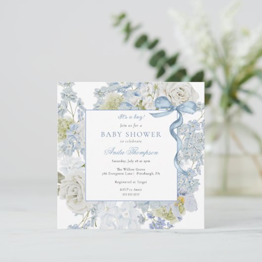ブルーIt's a Boyフローラボウ赤ちゃんシャワー 招待状 (スタンド正面)