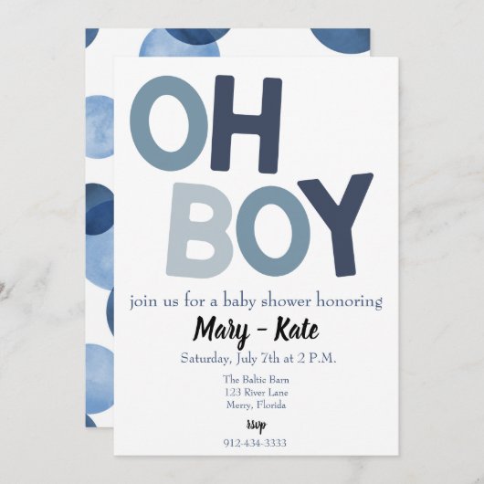 ブルーOH BOY男の赤ちゃんシャワー 招待状 (正面/裏面)