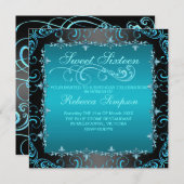 ブルーSweet sixteenスワール誕生日招待状 招待状 (正面/裏面)