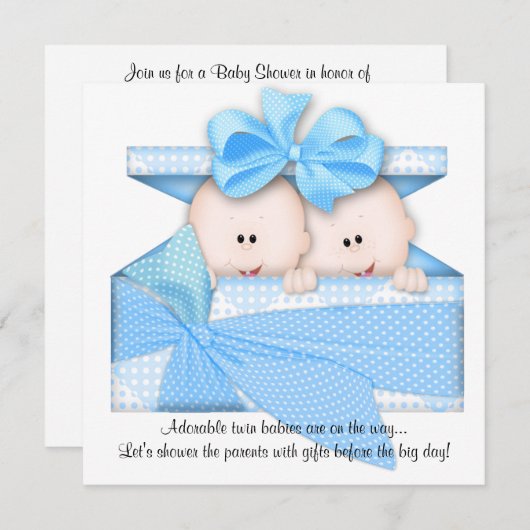 ブルーTWINSベビーシャワー招待状またはアナウンス 招待状 (正面/裏面)