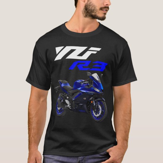 ブルーYZF-R3スポーツバイク Tシャツ (正面)