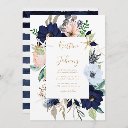 ブル航海のーフローラ・金ゴールド・スストライプのターフィッシ結婚ュ 招待状 (正面/裏面)