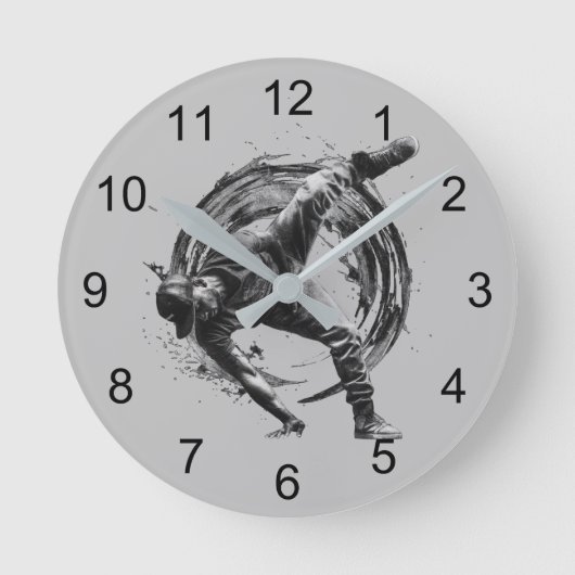 ブレイクダンスアーバンスタイルモノクロモーションアート ラウンド壁時計 (正面)