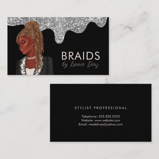 ブレイディングサロン美しいシルバーフェイクグリッター 名刺 (正面/裏面)