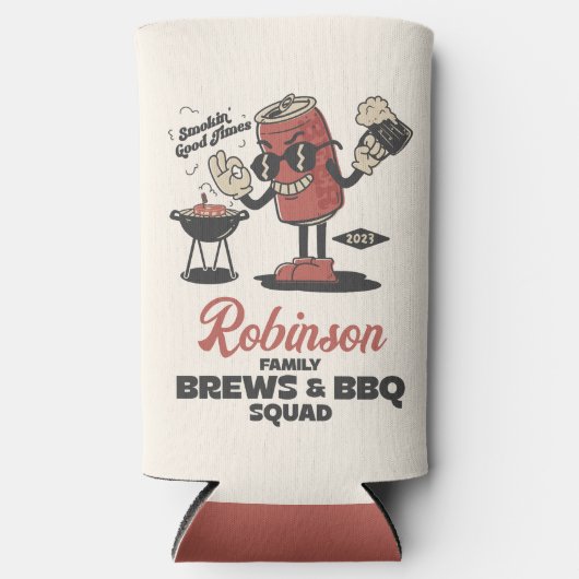 ブレウズとBBQスクワッドバーベクおもしろいファミリーカスタム スリム缶クーラー (正面)
