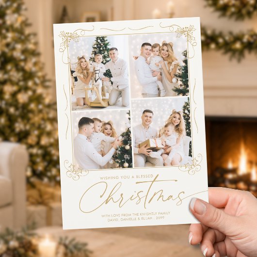 ブレスド・クリスマス ゴールド アイボリー 手描き 4枚の写真 シーズンカード