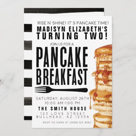 ブレックファーストパンケーキ&パジャマパーティー誕生日 招待状 (正面/裏面)