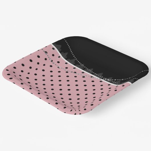 ブレックファースト&ブランチピンク&ブラック水玉模様 ペーパープレート (傾斜あり)