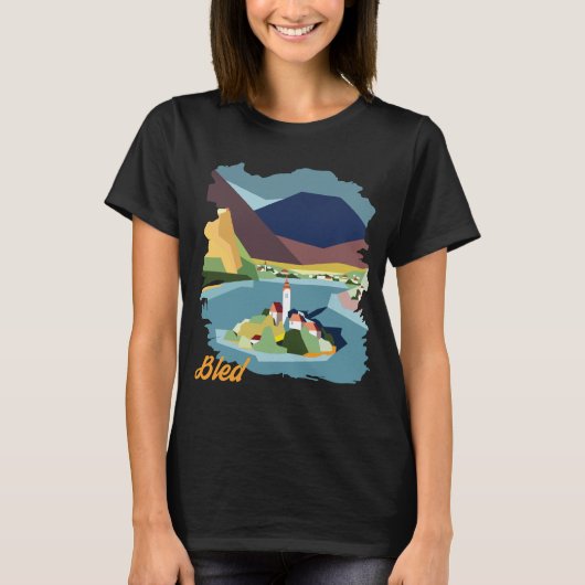 ブレッド湖の島の山 レトロな旅 Tシャツ (正面)