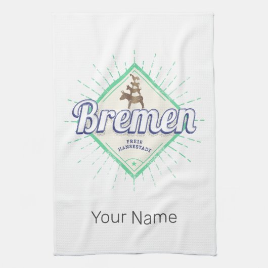 ブレーメンシティドイツレトロタウンミュージシャンヴィンテージ キッチンタオル (縦)