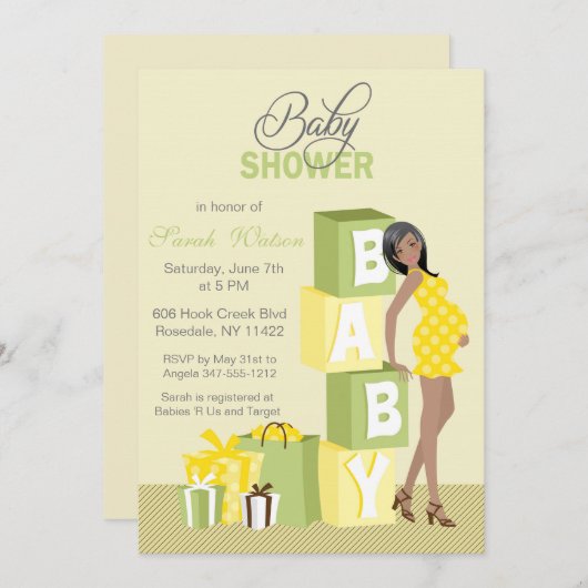 ブロックのベビーシャワーのニュートラルのアフリカ系アメリカ人 招待状 (正面/裏面)