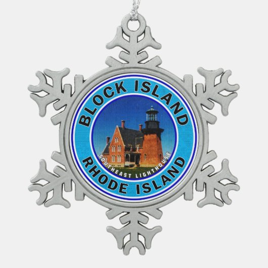 ブロックアイランドロードアイランドサウスイーストライトハウス スノーフレークピューターオーナメント (正面)