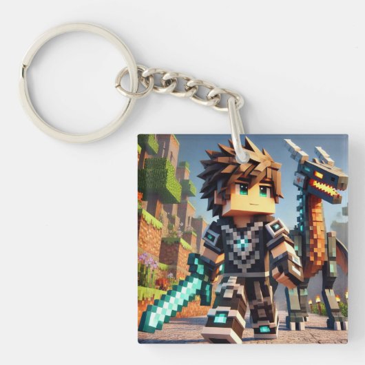 ブロックスタイルのダークドラゴンダイヤモンドソード キーホルダー (正面)