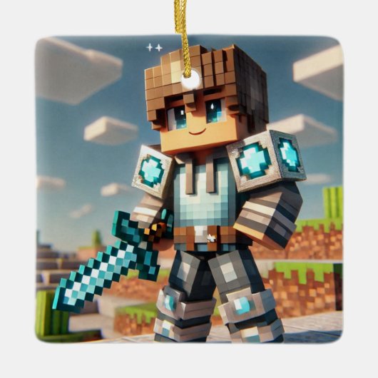 ブロックスタイルのダークドラゴンダイヤモンドソード セラミックオーナメント (正面)