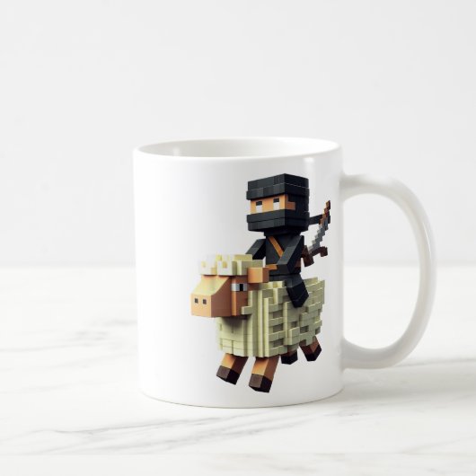 ブロックスタイルの羊に乗る忍者のピクセルアート コーヒーマグカップ (右)