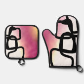 ブロックチェーン：抽象芸術ピンク、黄、黒、白 鍋つかみ&鍋敷きセット (正面)