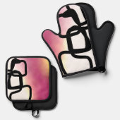 ブロックチェーン：抽象芸術ピンク、黄、黒、白 鍋つかみ&鍋敷きセット (正面/裏面)