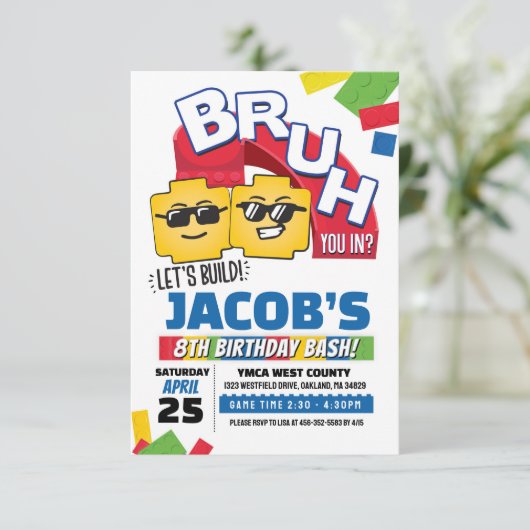 ブロックパーティーのバースデー招待状 Bruh Building Block Birthday 招待状 (スタンド正面)