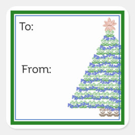 ブロックプリントの花のクリスマスツリーステッカー スクエアシール