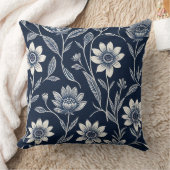 ブロックプリントの青と白のお洒落フローラ クッション (ブランケット)