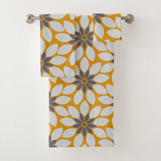 ブロックプリントタイル張り花の日当たりの良い黄色の背景 バスタオルセット (インサイチュ)
