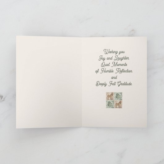 ブロックプリントヒツジのロバのキルト – 緑のクリスマス。 シーズンカード (内部)