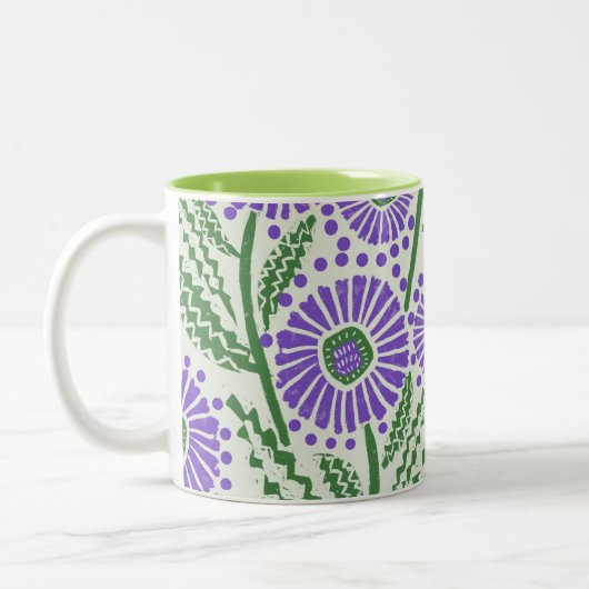 ブロックプリントラベンダーグリーン及び白フローラデザイン ツートーンマグカップ (左)