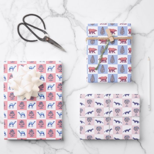 ブロックプリント植物及び動物 ラッピングペーパーシート (正面)