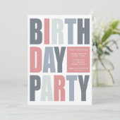 ブロック文字のバースデーパーティ招待状 招待状 (スタンド正面)