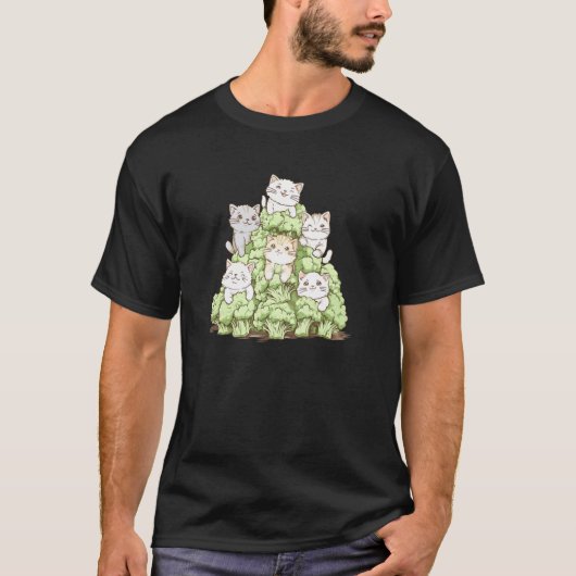 ブロッコリーにゃんこ面白いデザイン ネコ好き野菜 Tシャツ (正面)