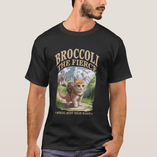 ブロッコリーの荒々しい冒険 ファンタジー猫 Tシャツ (正面)