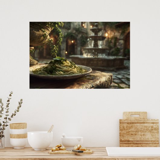 ブロッコリーラーベ付きスパゲッティ ポスター (キッチン)