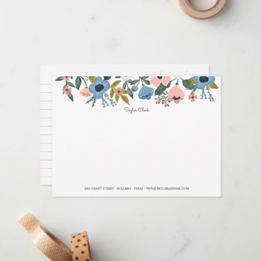 ブロッサムかわいらしピンクとブルーのフローラフレーム&ノート ノートカード (正面/裏面インサイチュ)