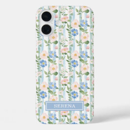 ブロッサム フローラル ウォーターカラー ストライプ オーダーメイド iPhone 16 PLUSケース